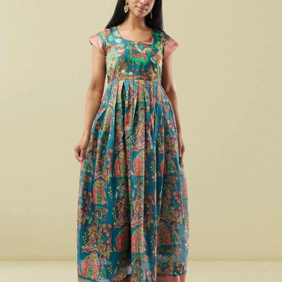 Stylish Blue Kalankari Ankle-Length Dress | Muvvas Boutique - Picture 2 of 3
